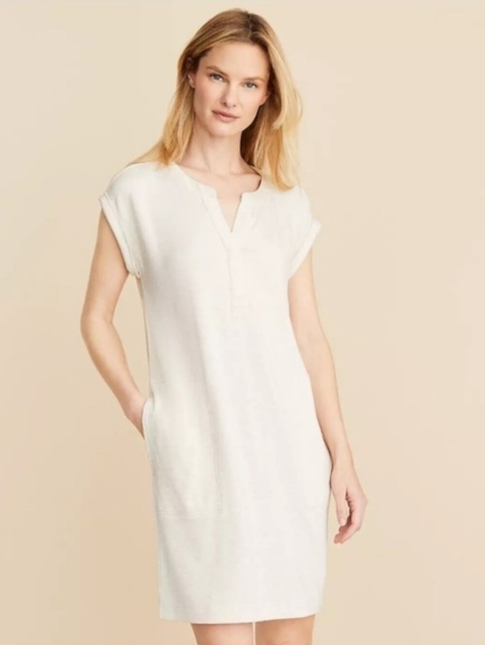 Lou & Grey Heathered Short Sleeve Pocket Dress Cream Size Large